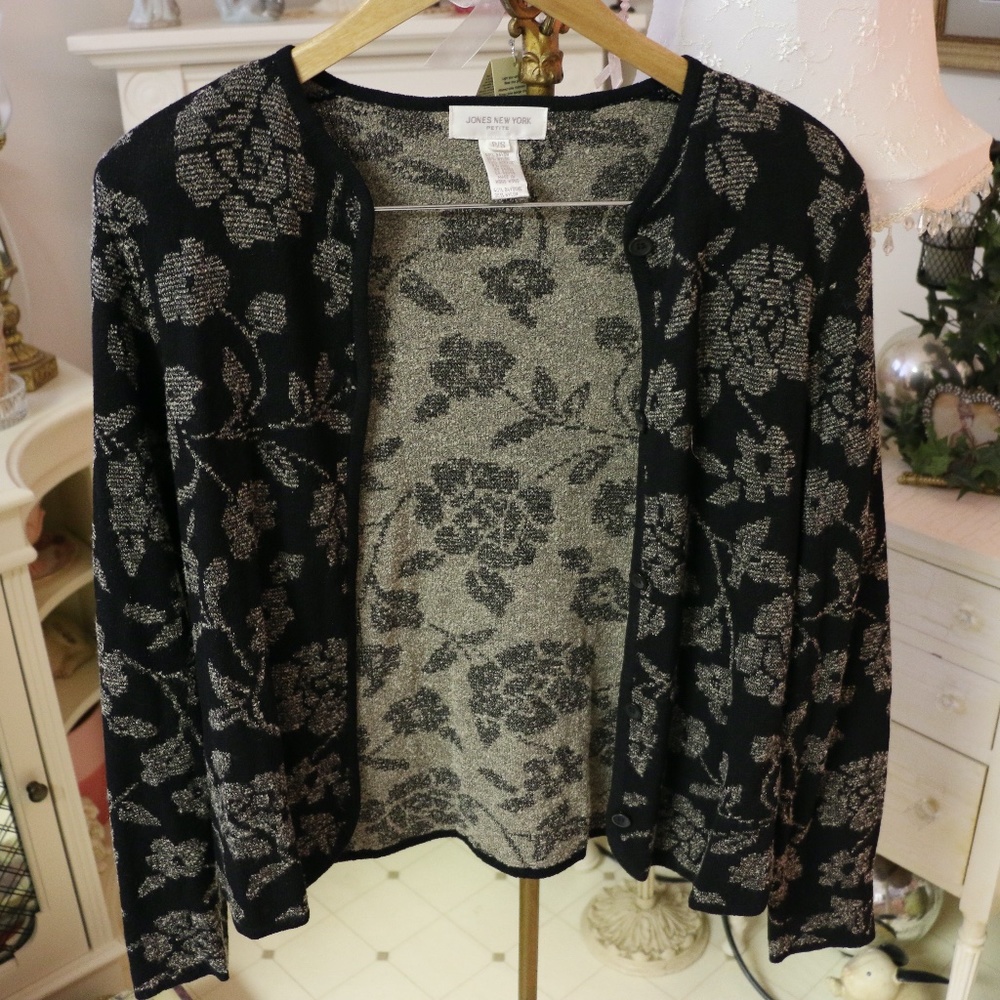 Jones New York Black Flowered Cardigan